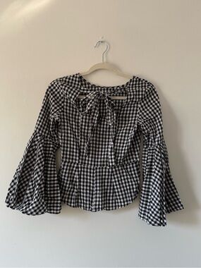 Nanette Lepore Black White Gingham Bell Sleeve Tie Top XS | Cottagecore Romantic
